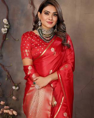 red satin silk blend floral & botanical motifs zari woven banarasi saree 6