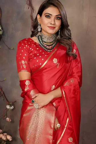 red satin silk blend floral & botanical motifs zari woven banarasi saree