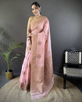 peach linen silk blend floral & paisley jacquard zari woven banarasi saree 1