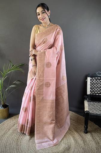 peach linen silk blend floral & paisley jacquard zari woven banarasi saree