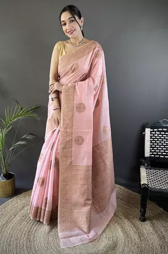 peach linen silk blend floral & paisley jacquard zari woven banarasi saree