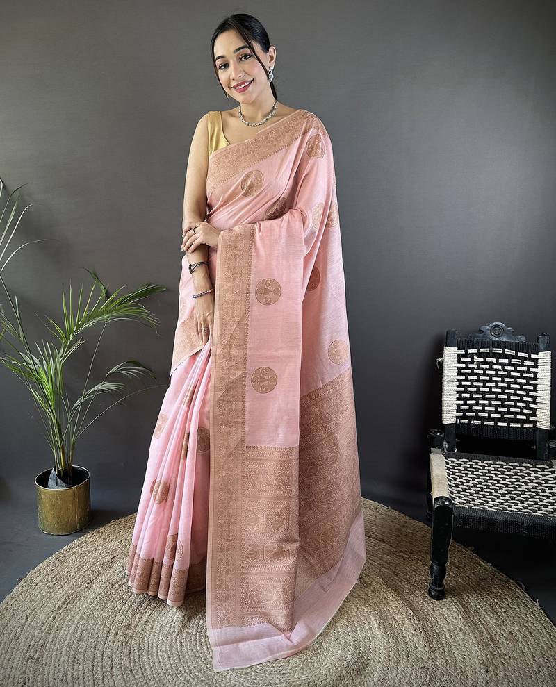 peach linen silk blend floral & paisley jacquard zari woven banarasi saree