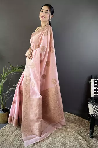 peach linen silk blend floral & paisley jacquard zari woven banarasi saree