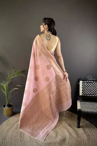 peach linen silk blend floral & paisley jacquard zari woven banarasi saree