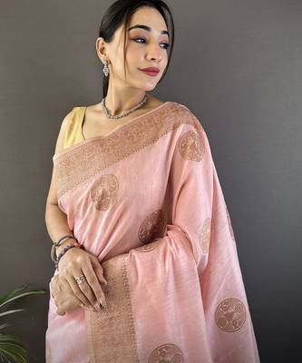 peach linen silk blend floral & paisley jacquard zari woven banarasi saree 4