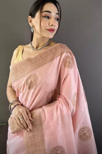 peach linen silk blend floral & paisley jacquard zari woven banarasi saree