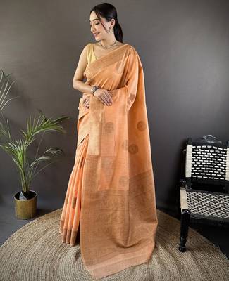 orange linen silk blend floral & paisley jacquard zari woven banarasi saree 1