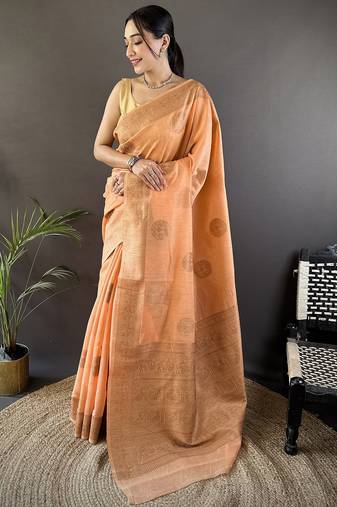 orange linen silk blend floral & paisley jacquard zari woven banarasi saree