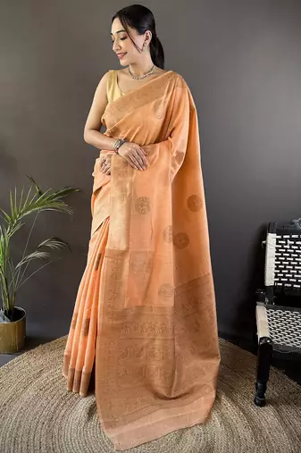 orange linen silk blend floral & paisley jacquard zari woven banarasi saree