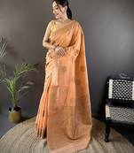 orange linen silk blend floral & paisley jacquard zari woven banarasi saree