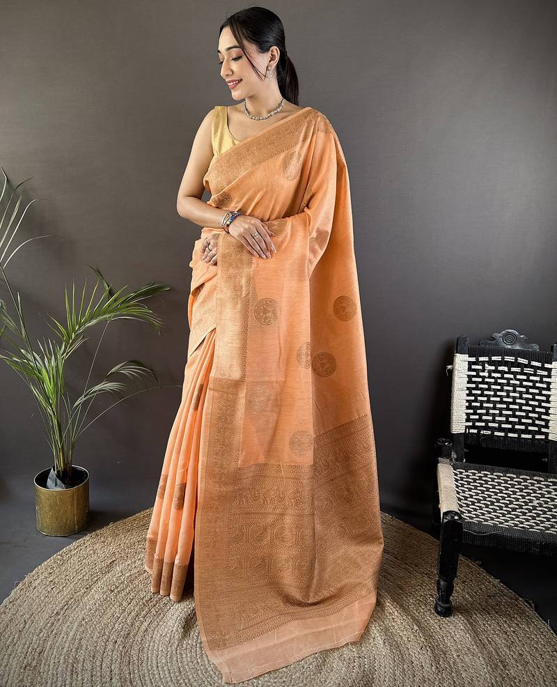 orange linen silk blend floral & paisley jacquard zari woven banarasi saree