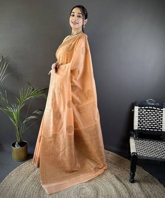 orange linen silk blend floral & paisley jacquard zari woven banarasi saree 3