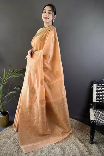 orange linen silk blend floral & paisley jacquard zari woven banarasi saree