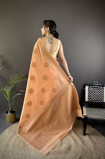 orange linen silk blend floral & paisley jacquard zari woven banarasi saree