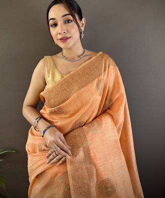 orange linen silk blend floral & paisley jacquard zari woven banarasi saree 5