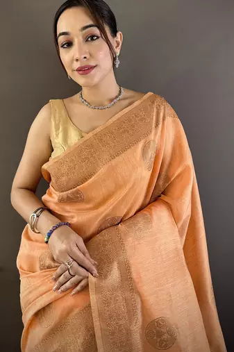 orange linen silk blend floral & paisley jacquard zari woven banarasi saree