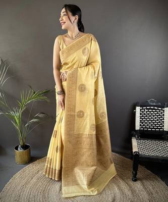 yellow linen silk blend floral & paisley jacquard zari woven banarasi saree 1