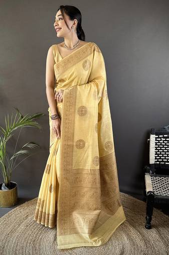 yellow linen silk blend floral & paisley jacquard zari woven banarasi saree