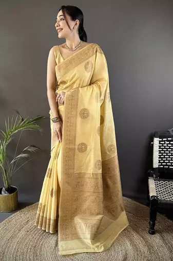 yellow linen silk blend floral & paisley jacquard zari woven banarasi saree