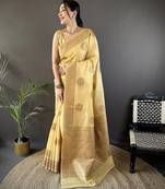 yellow linen silk blend floral & paisley jacquard zari woven banarasi saree