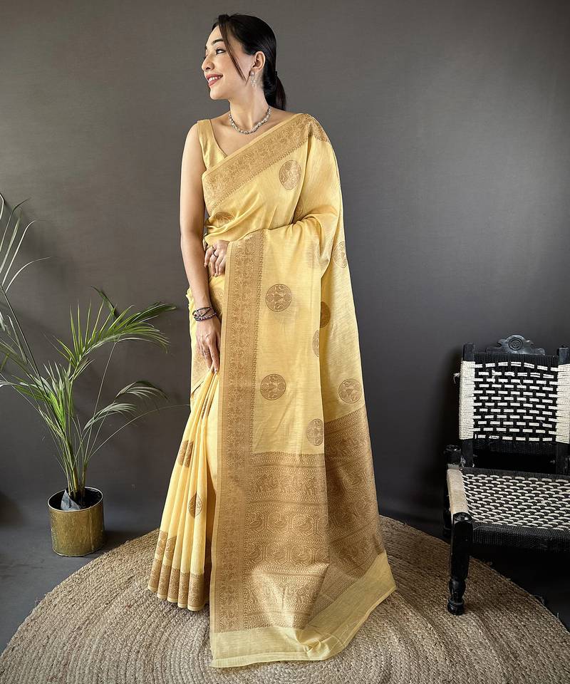 yellow linen silk blend floral & paisley jacquard zari woven banarasi saree