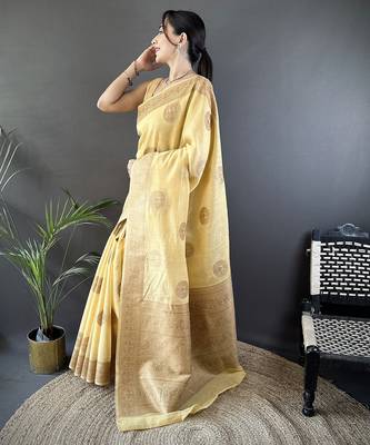 yellow linen silk blend floral & paisley jacquard zari woven banarasi saree 2