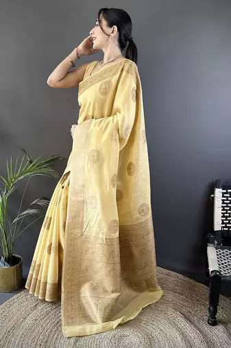 yellow linen silk blend floral & paisley jacquard zari woven banarasi saree