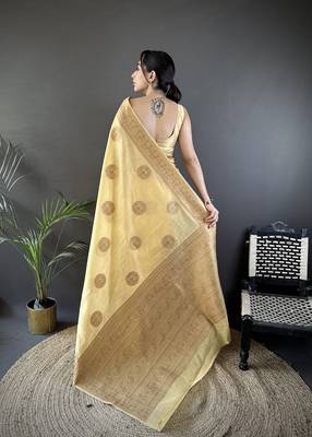 yellow linen silk blend floral & paisley jacquard zari woven banarasi saree 3