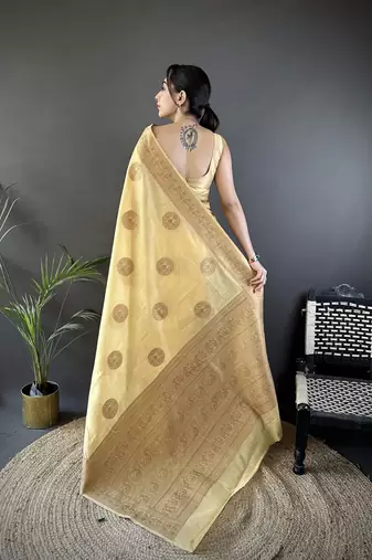 yellow linen silk blend floral & paisley jacquard zari woven banarasi saree