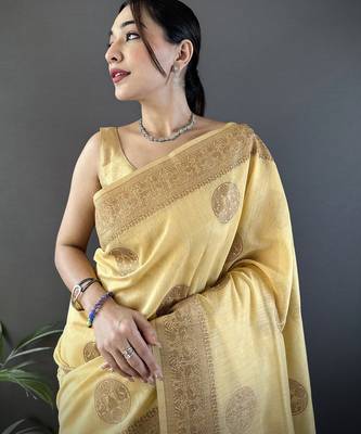yellow linen silk blend floral & paisley jacquard zari woven banarasi saree 4