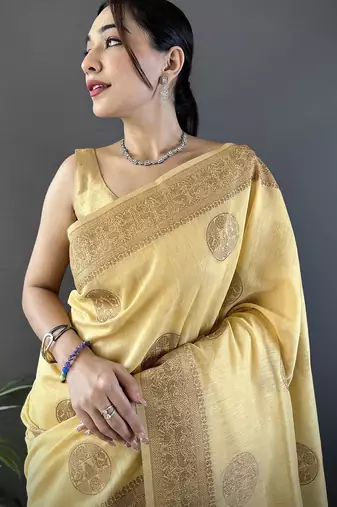 yellow linen silk blend floral & paisley jacquard zari woven banarasi saree