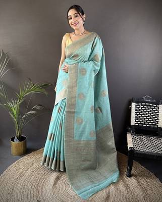 sky blue linen silk blend floral & paisley jacquard zari woven banarasi saree 1