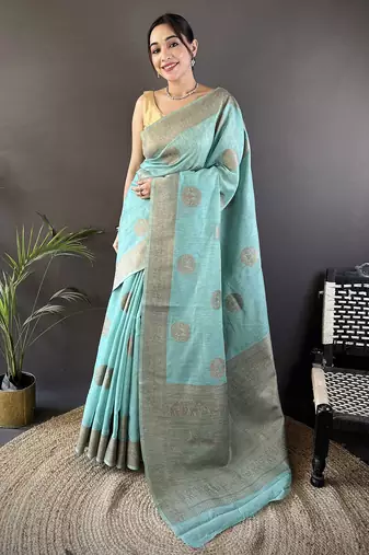 sky blue linen silk blend floral & paisley jacquard zari woven banarasi saree