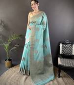 sky blue linen silk blend floral & paisley jacquard zari woven banarasi saree