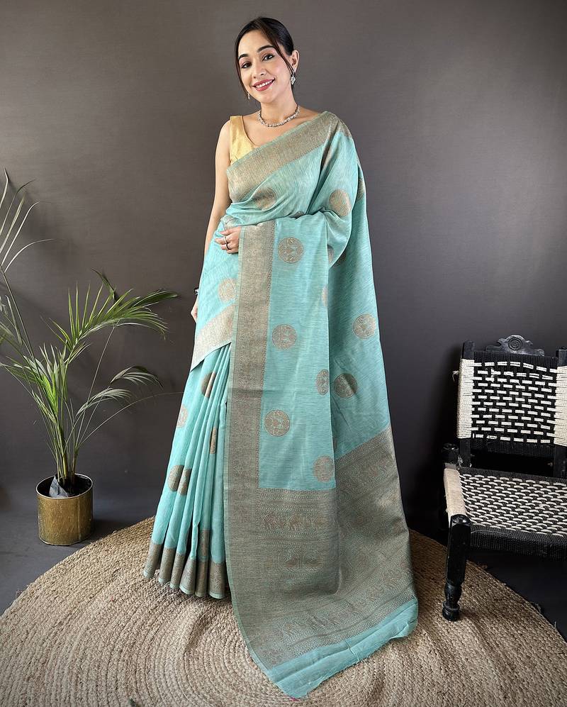 sky blue linen silk blend floral & paisley jacquard zari woven banarasi saree