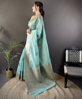 sky blue linen silk blend floral & paisley jacquard zari woven banarasi saree 2