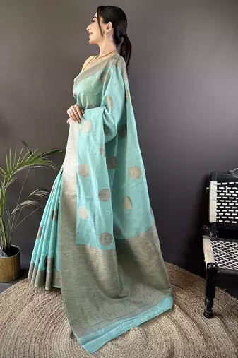 sky blue linen silk blend floral & paisley jacquard zari woven banarasi saree