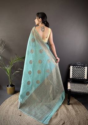 sky blue linen silk blend floral & paisley jacquard zari woven banarasi saree 3