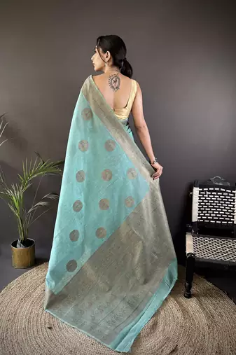 sky blue linen silk blend floral & paisley jacquard zari woven banarasi saree