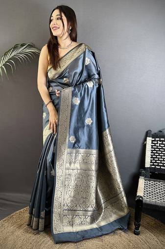grey cotton silk blend floral jacquard zari woven banarasi saree