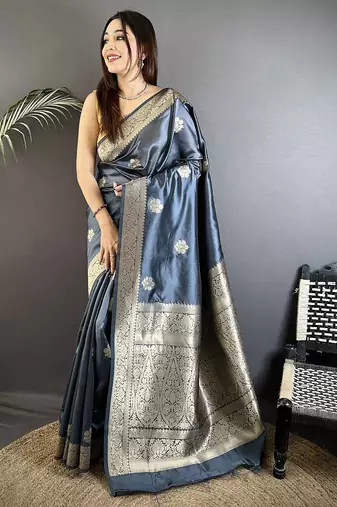 grey cotton silk blend floral jacquard zari woven banarasi saree