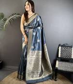 grey cotton silk blend floral jacquard zari woven banarasi saree
