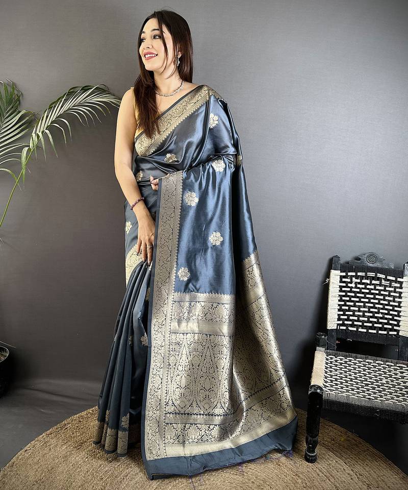 grey cotton silk blend floral jacquard zari woven banarasi saree