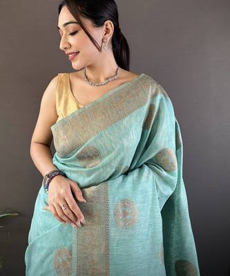 sky blue linen silk blend floral & paisley jacquard zari woven banarasi saree 4