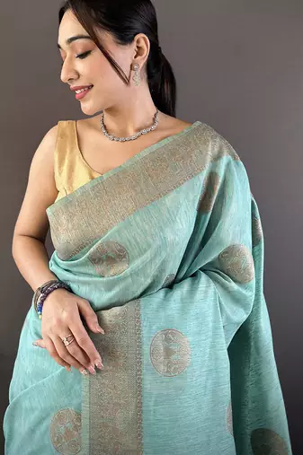 sky blue linen silk blend floral & paisley jacquard zari woven banarasi saree