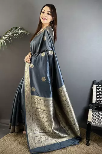 grey cotton silk blend floral jacquard zari woven banarasi saree
