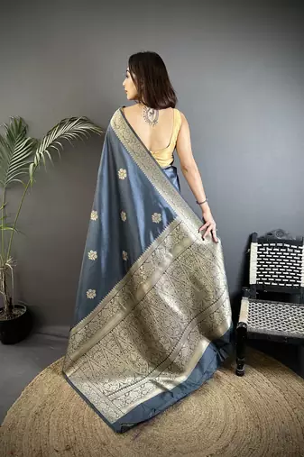grey cotton silk blend floral jacquard zari woven banarasi saree