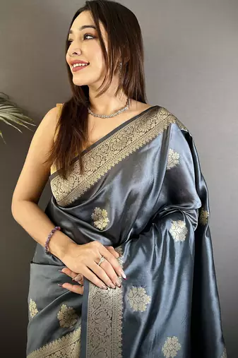 grey cotton silk blend floral jacquard zari woven banarasi saree