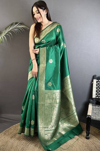green cotton silk blend floral jacquard zari woven banarasi saree