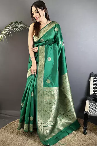 green cotton silk blend floral jacquard zari woven banarasi saree
